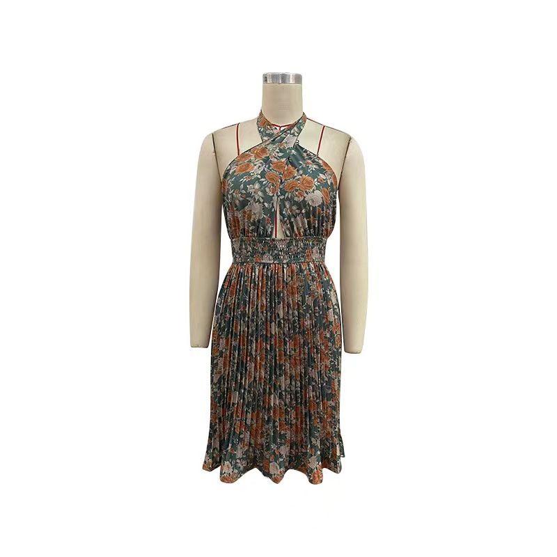 

European and American Floral Pleat Sexy Hanging Neck Dress Hanging Neck Printed Pleated Dress Green XL