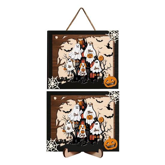 Halloweenská rodinná cedule s duchem Dřevěný fotorámeček s duchem Stolní dekorace pro Halloween Selský police Stolní domácí dekorace