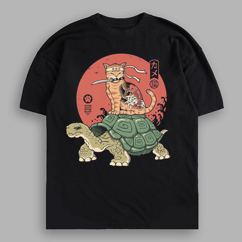 Ninja Cat Oversized Fit Cotton Black T-shirt for Men and Women