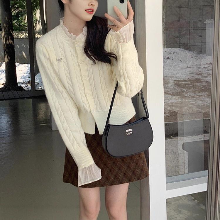 Gentle wind simple lace neck twist sweater women's classic college style versatile bow crew neck knitted sweater