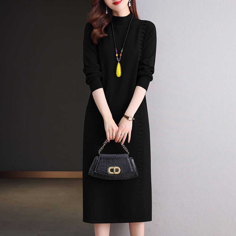 Knitted Dress Knee-length Women's Mid-length Loose Dress Plus-size Sweater Dress Solid-color Casual Half Turtleneck Pullover