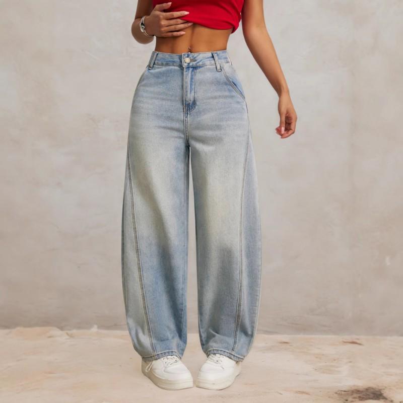 

Light Blue Retro Stitching Cutlass Jeans Women Split Loose Wide Leg Banana Granny Pants XS светло-синий