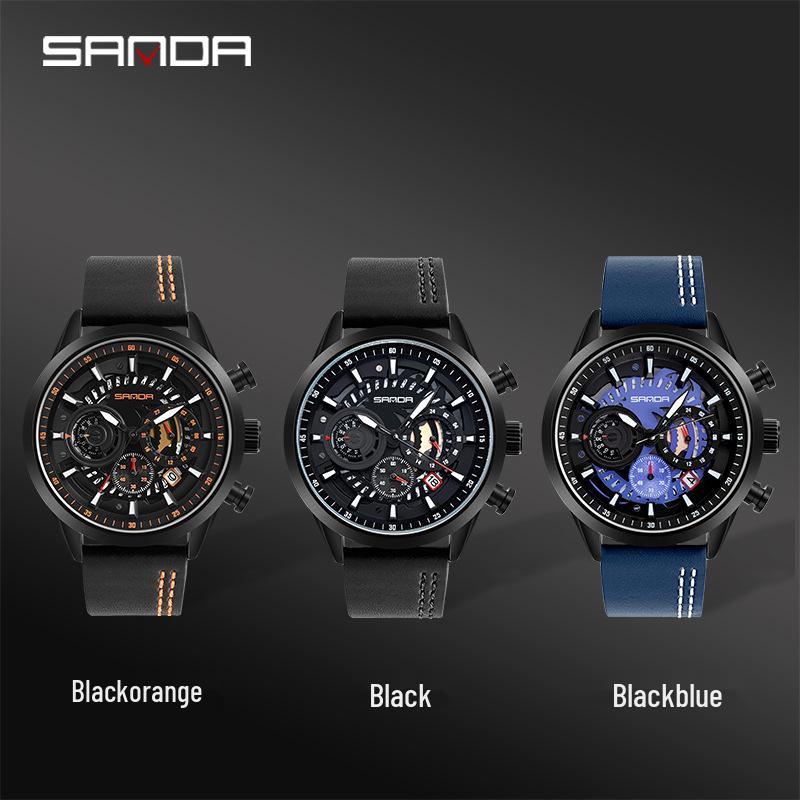 Sanda Cool Large Dial Six-Needle Waterproof Men's Watch with Genuine Leather Strap - Trendy and Fashionable Design.