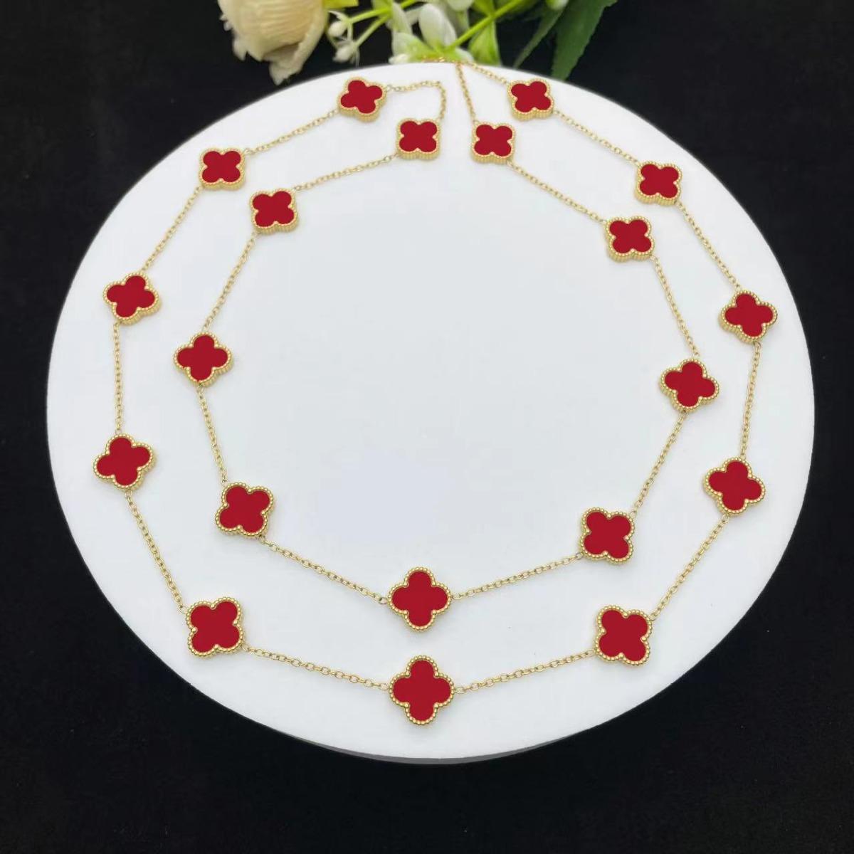 

18K Lucky Four Leaf Clover ожерелье 90 см длиной 20 цветков перламутровой цепочки свитера женское ожерелье высокого класса красный