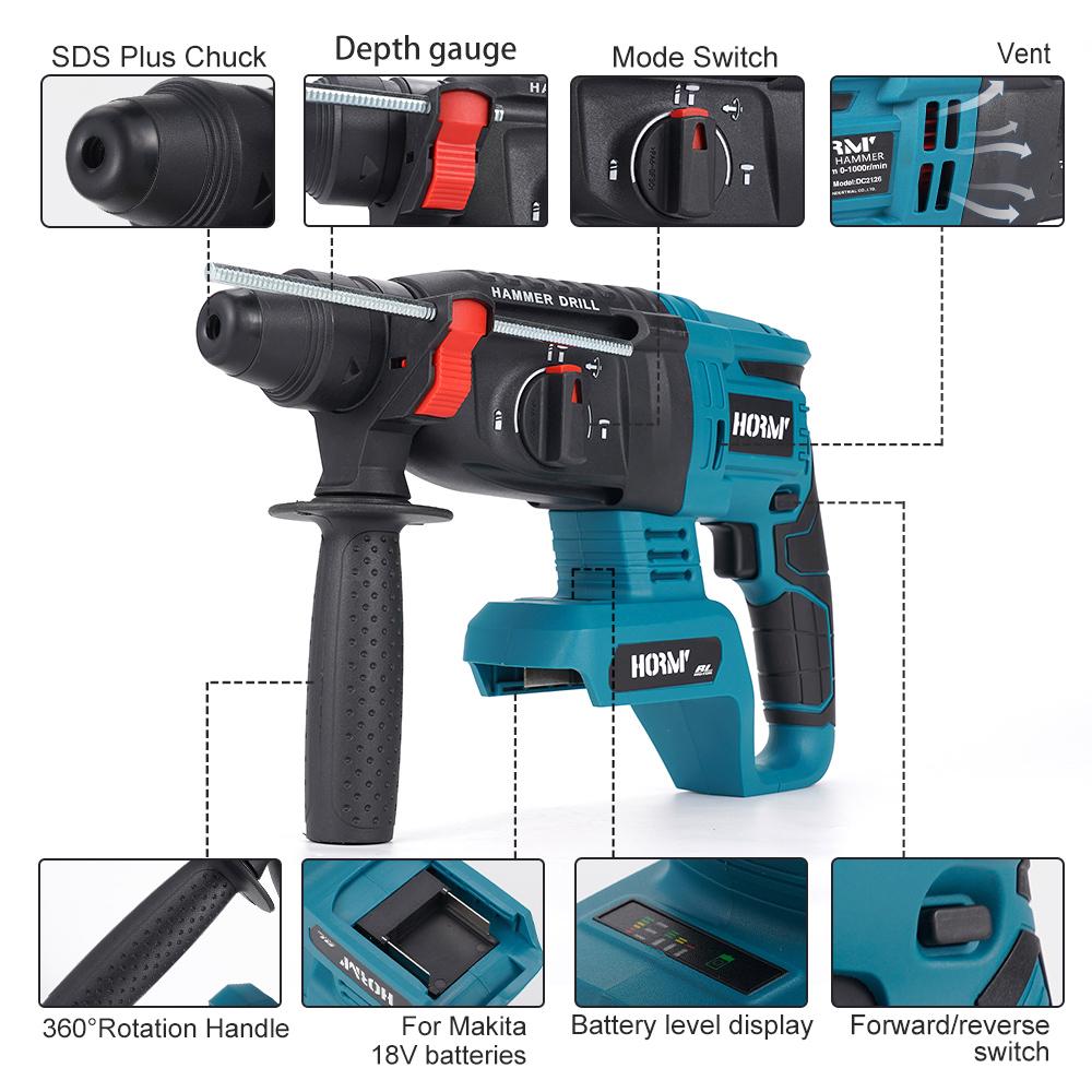 Brushless Electric Hammer Cordless Rotary Hammer Impact Drill 4 Modes Multifunctional Hammer Drill Pick For Makita 18V Battery