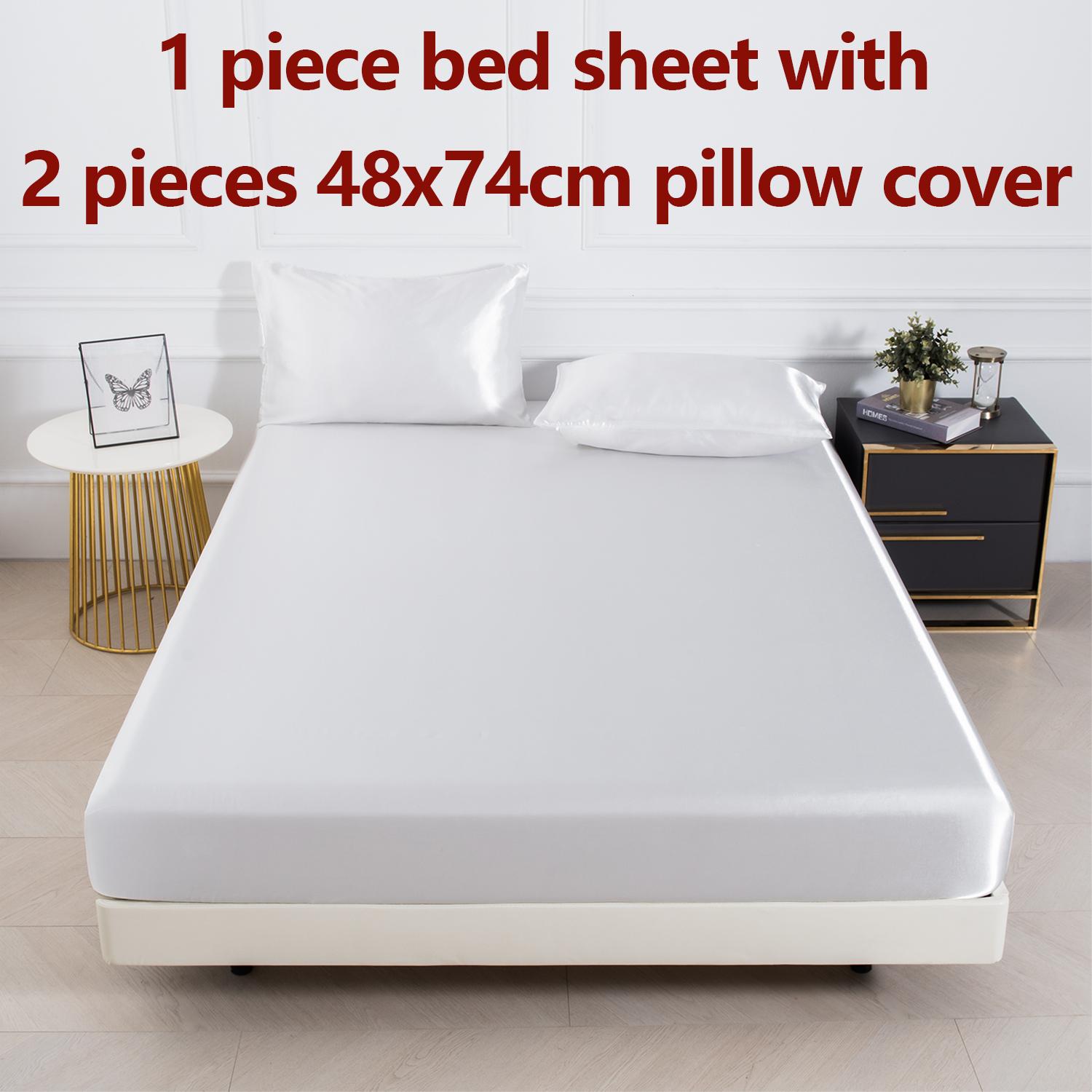 

3pc Solid Color Fitted Sheet Set 1 bed sheet with 2 pillow cover Satin Fabric Soft Comfortable Breathble Bedding Set for Bedroom 90x200cm
