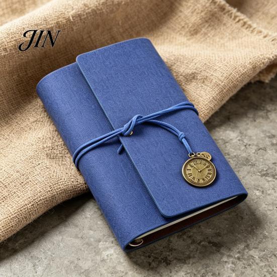 Durable Cover Notebook Faux Leather Writing Journal Notebook, 6 Ring Loose Leaf Binder, 7 Inch Diary Sketchbook with Clock Pendant for Travel Business