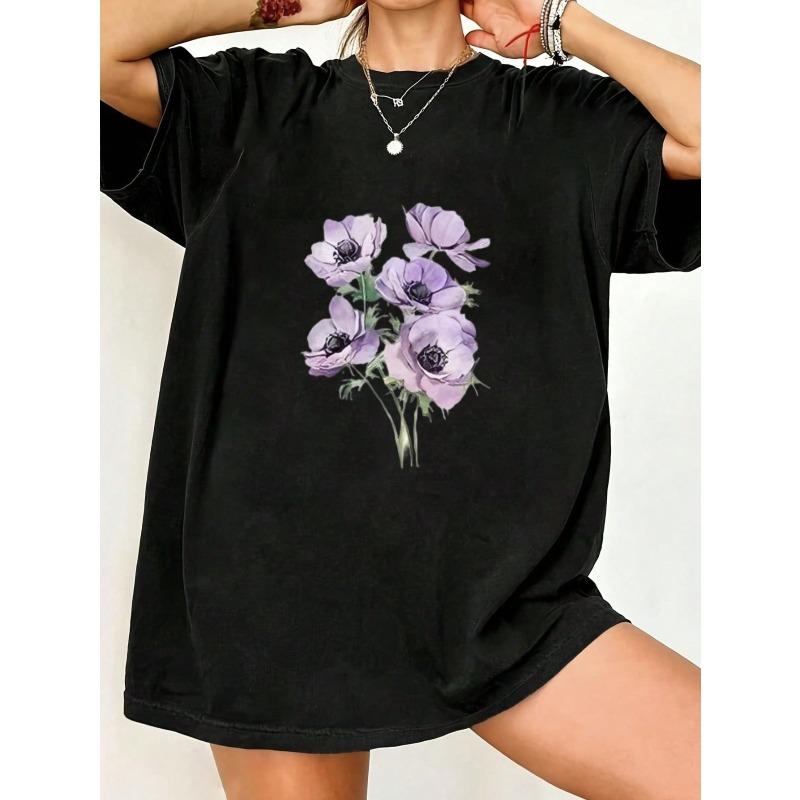 Oversized T Shirt Black Purple Flowers Print Casual Wear For Women Summer Outfit Street Style Fashion Top