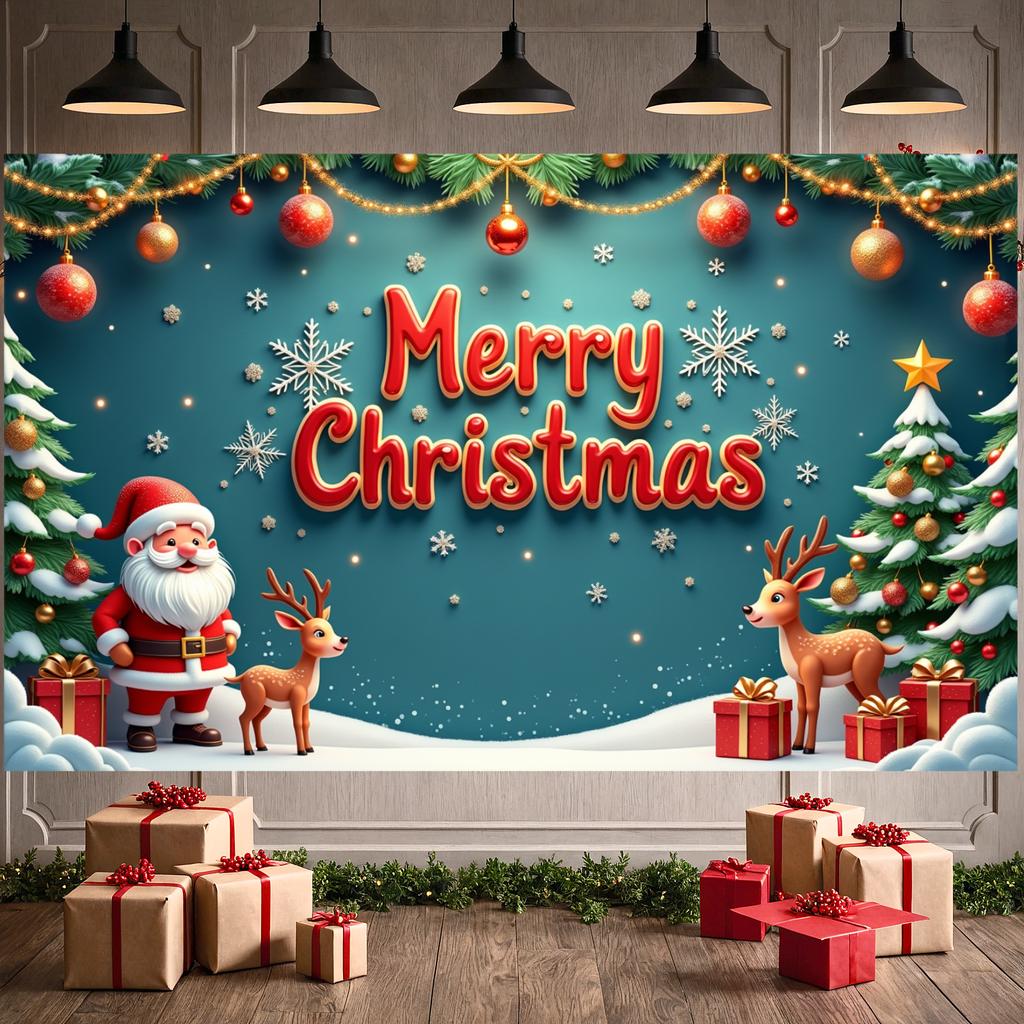 Holiday Banner Gold Ornament Xmas Display Festive Banner Reindeer Xmas Backdrop For Christmas Party Indoor Celebration Office