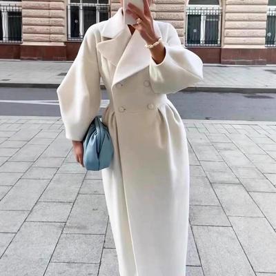 Women's High-End Retro Wool Long Coat with Lantern Sleeves and Big Lapel for Autumn/Winter