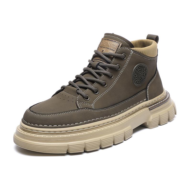 Leather Velvet Martin Boots Men's Medium Help Autumn and Winter Thickened Tooling Shoes Retro Trend Lace-up Heightening Shoes