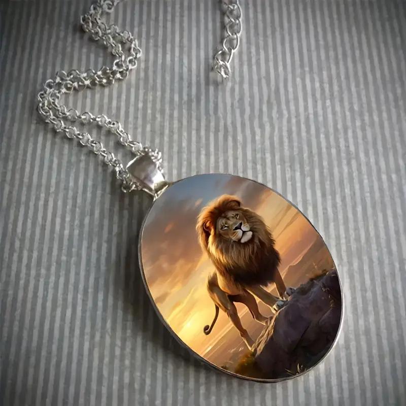 Fashionable Dusk Great Plains Lion Pattern Oval Alloy Pendant Stainless Steel Necklace