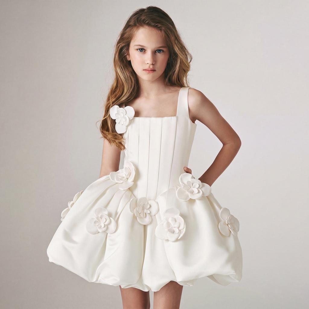 Kids Color Floral Embellished Performance Dress for Stage Party Formal Occasions