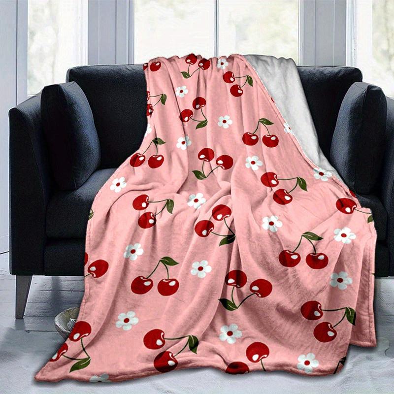 

1pc Cherries Printing Lightweight Flannel Blanket, Comfortable and Warm Blanket, for Camping Sofa Bed and Couch Office, Gift 100x150cm