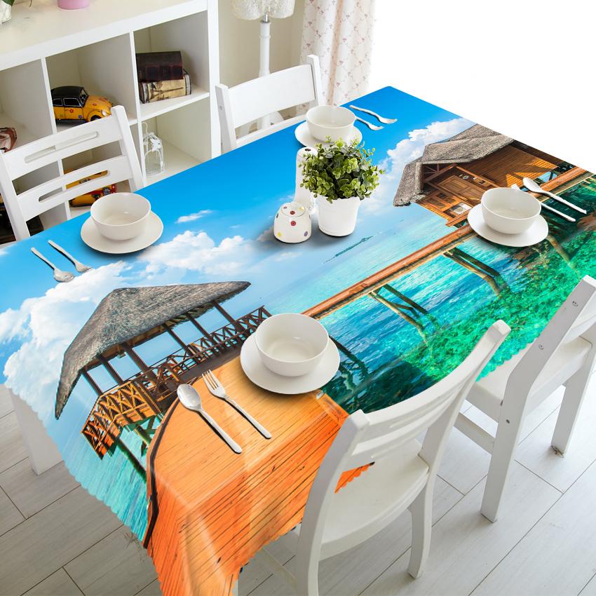 Waterfall Tablecloth Merry Christmas Seascape Pattern Waterproof Thicken Rectangular And Round Table Cloth For Wedding