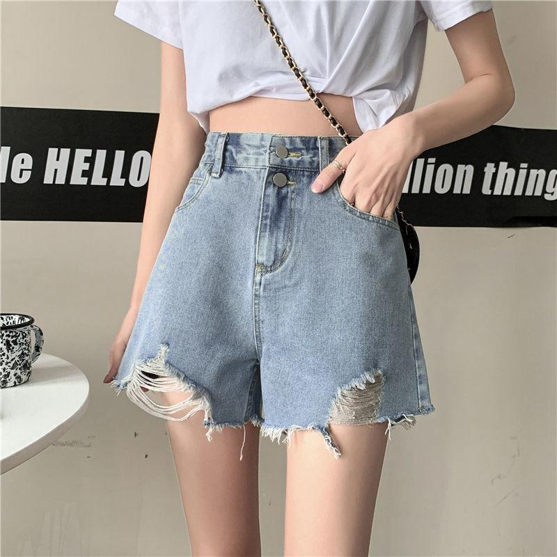 Classic and Minimalist Fashion Versatile Women's Summer Year High Waist Thin Loose Wide Leg Broken Hole A Word Denim Shorts Individuality Trendiness