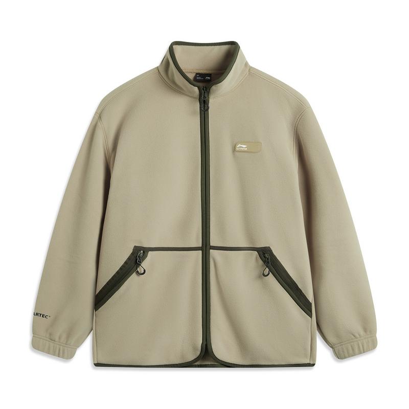 Li Ning Casual Minimalist Solid Color Stand Collar Zipper Fleece Jacket Men Jackets Khaki AWDU703-5