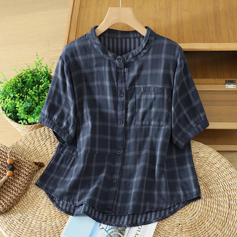 DIMANAF 2026 Plus Size Summer Women Blouse Shirts Tunic Oversize Loose Casual Cotton Lady Tops Vintage Plaid