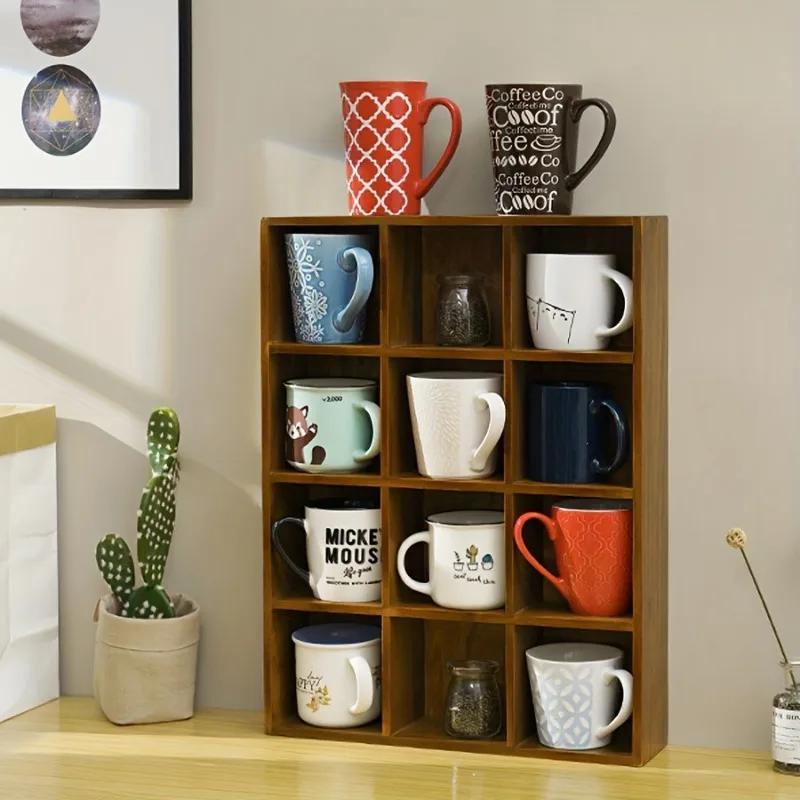 Cherry Wood Tea Set Solid Wood Double-layer Lattice Wall-mounted Shelf Wood Frame for Living Room Tea Room Storage Organizer
