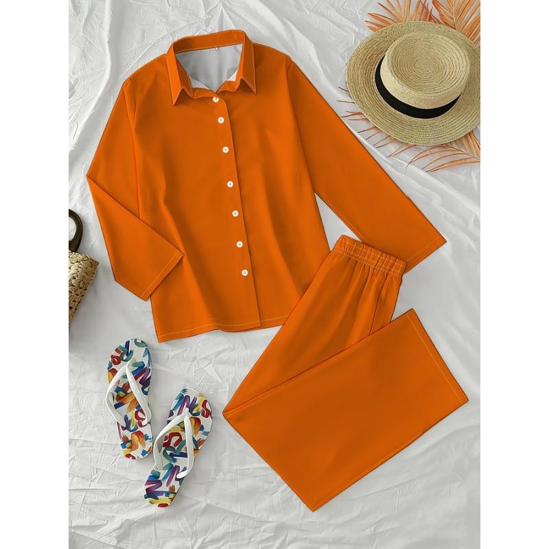 Warm orange solid color shirt wide-leg pants two-piece women's simple style long-sleeved trousers suit