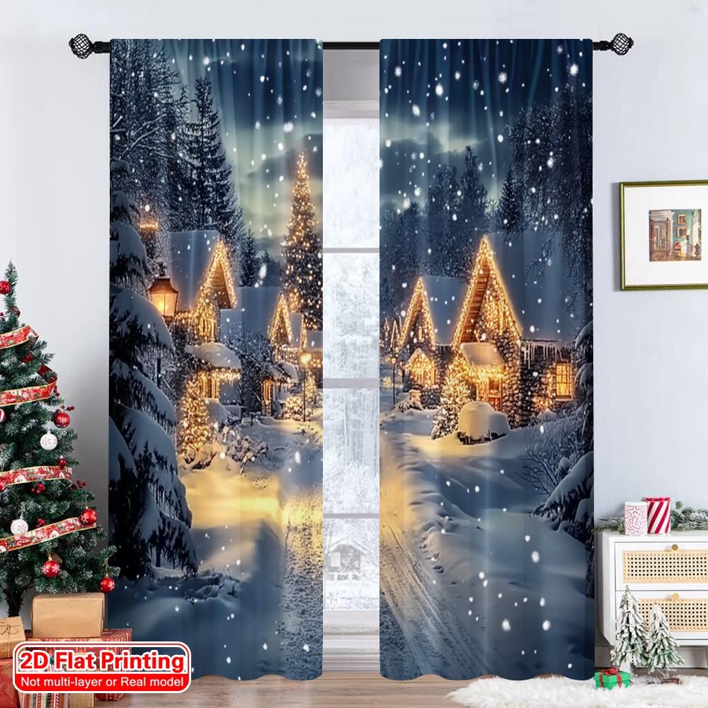 Set Of 2 Flat Printing Merry Christmas Popular Window Curtains Snow Scene Polyester Fabric Without Electricity Birthday Curtain