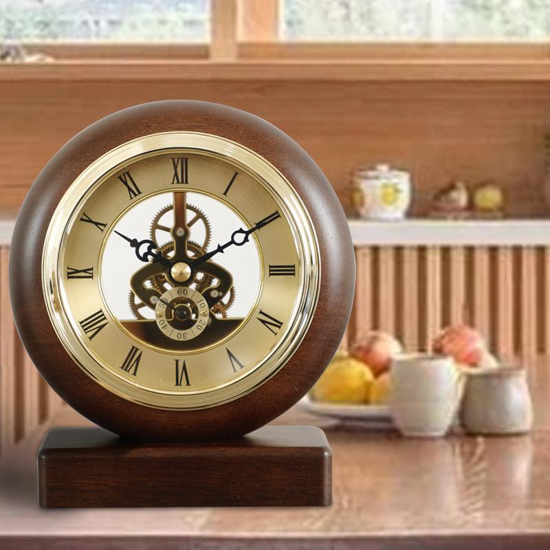 130MM Solid Wood Perspective Mantel Clock with Visible Internal Rotating Gears, Office Desk Clock