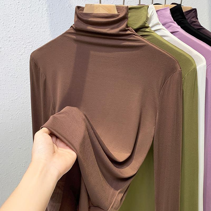 

Turtleneck bottoming shirt women s new women s clothing solid color threaded long t-shirt elastic inner long-sleeved top 3XL темно-коричневого