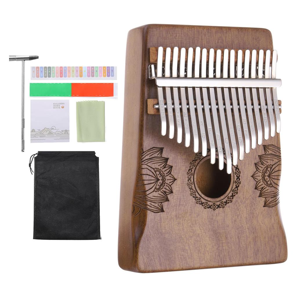 uxcell 17-Key Thumb Piano, Deep Brown Mini Portable Finger Piano, Solid Koa Wood with Floral Pattern, Handrail, Tuning Hammer, and Music Learning