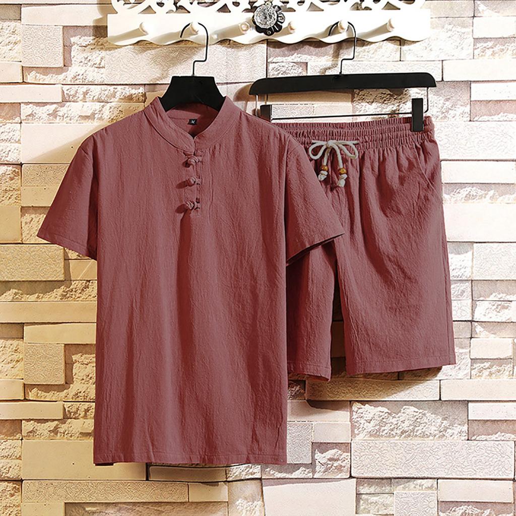 Men‘s Cotton Linen Set Color Short-Sleeved T-Shirt Large Size Casual Set