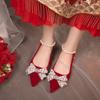 Fashion Comemore Spring and Autumn New Bridal Shoes High Heels Pointed Toe Women Pumps Ankle Pearl Buckle Shallow Mouth Heels for Women
