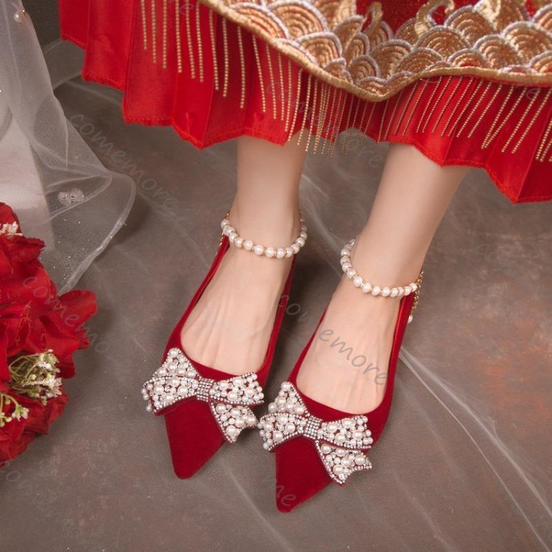 Fashion Comemore Spring and Autumn New Bridal Shoes High Heels Pointed Toe Women Pumps Ankle Pearl Buckle Shallow Mouth Heels for Women