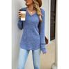Solid Color V Neck Lace Patchwork Loose Long Sleeve Brushed T Shirt