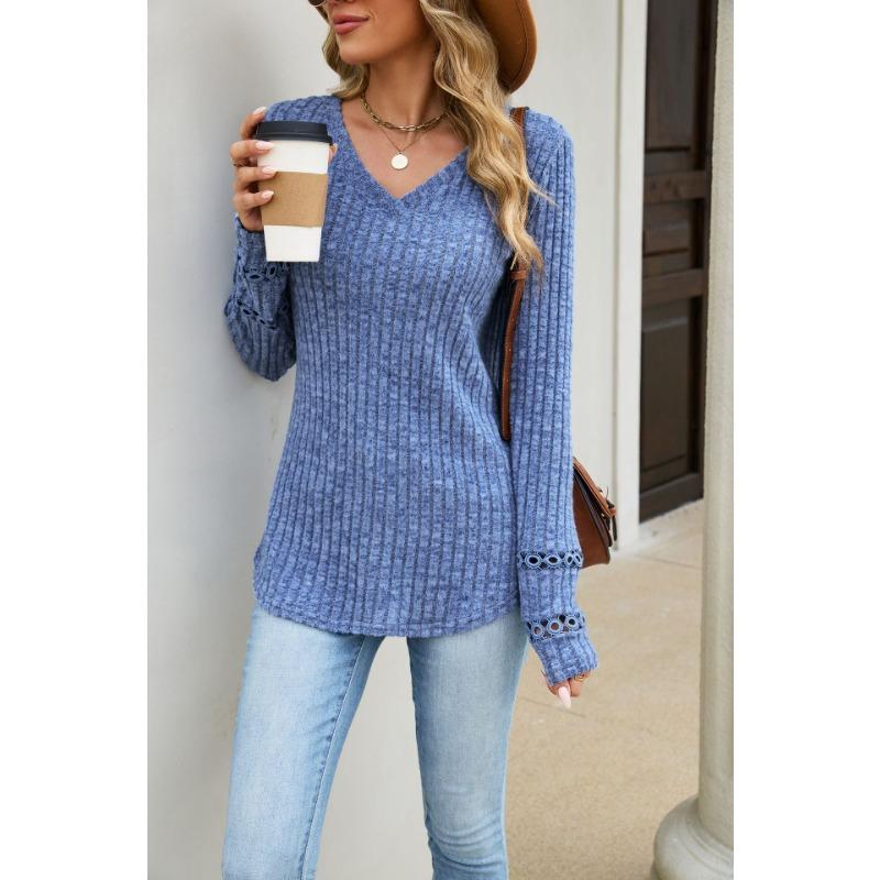 Solid Color V Neck Lace Patchwork Loose Long Sleeve Brushed T Shirt