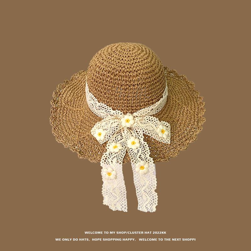 

Flower lace bow straw hat women s summer seaside beach vacation big brim sunshade sun hat M（56-58cm） хакі