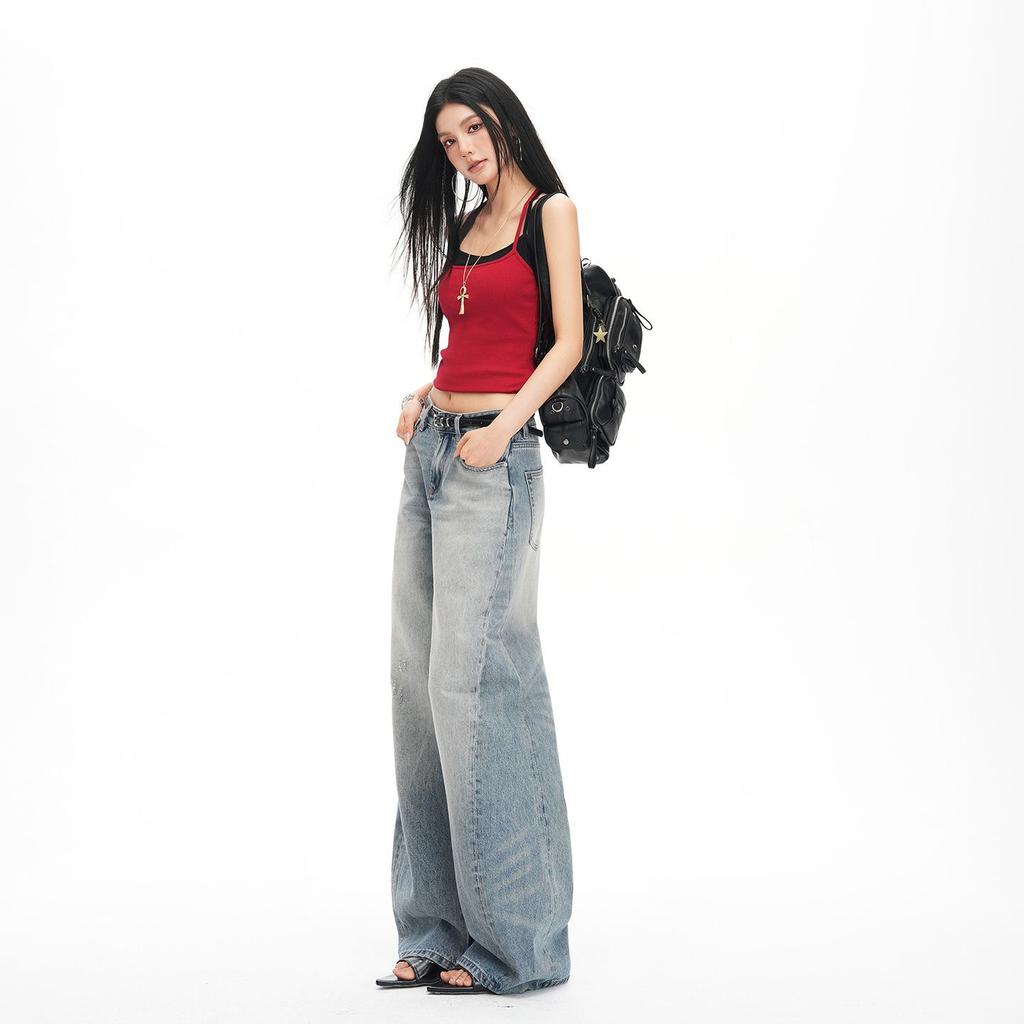 Spring Summer Vintage Wash Small Saber Lazy Floor Relaxed Denim Pants For Ladies Casual Pants Oversize Denim Trousers