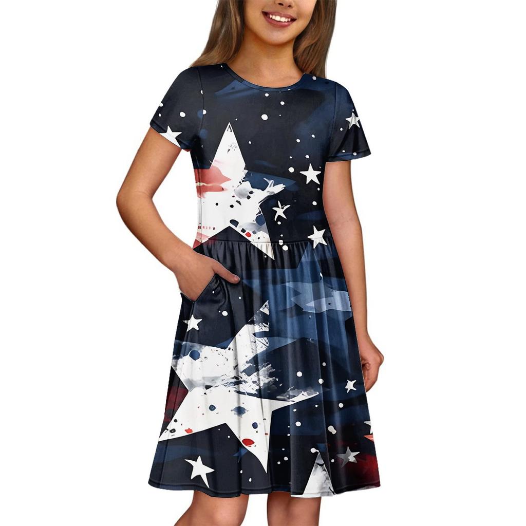 Girl Summer Dress  Solid Color & Print Sleeveless Dress With Pocket Casual Dress Shorts Sleeve Party Dress
