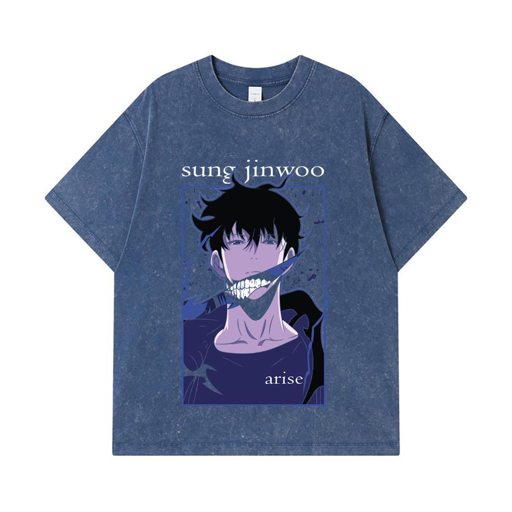 

275 GSM Washed T-shirts 100% Cotton Solo Leveling V17 Print Unisex Heavy Cotton T Shirt 2XL королівський синій колір