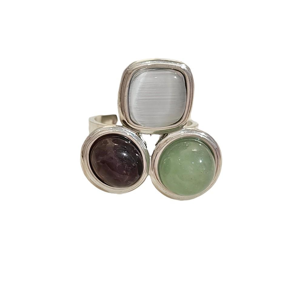 Adjustable Tricolor Stone Stainless Steel Ring - Simple and Fashionable Design for Women