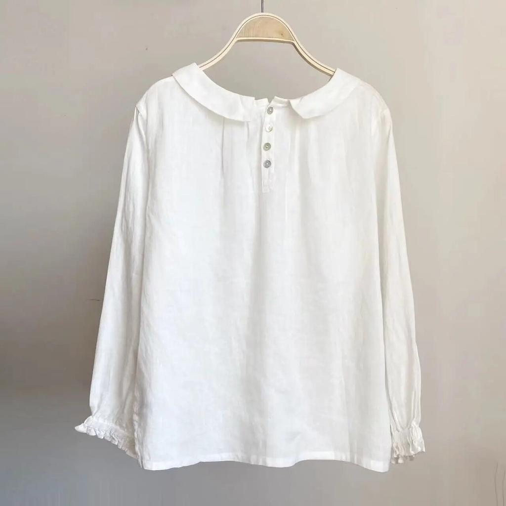 Johnature Ohrnovací límec Ležérní Dámské halenky Jaro Léto Vintage Lněné Volné Knoflíky Jednoduché Dámské košile Topy