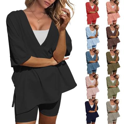 Women's Summer 2-Piece  Short Sleeves Drop Shoulder Big Kids Top And  Bar Skinny Yoga Biker Shorts Set