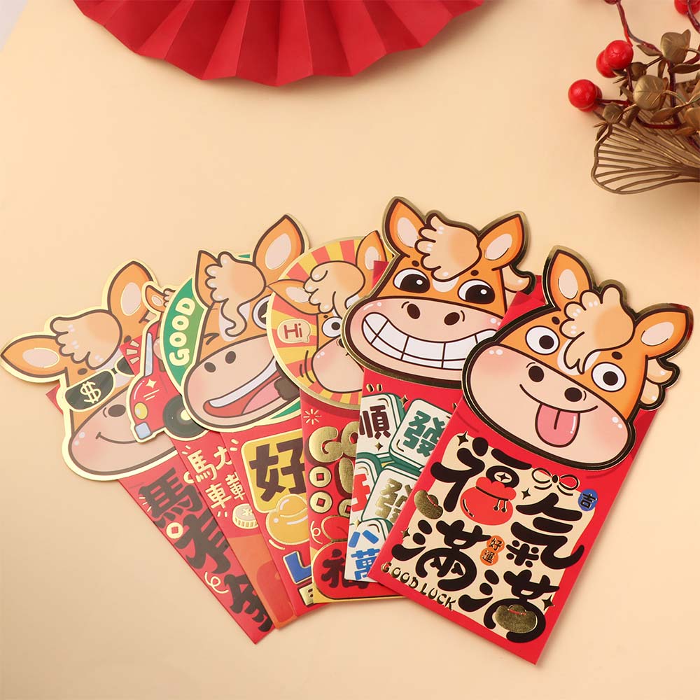 6pcs Cartoon 2026 Horse Year Red Envelope Traditional Paper Craft Lucky Money Pouch Mixed Pattern Blessings Festival Hongbao