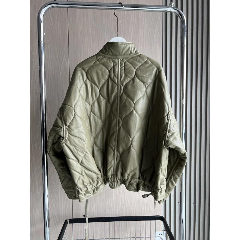Quilted Jacket In Faux Leather with Padding - Collecting Large Pockets, and Drawstring Design - Women's Cotton Jacket