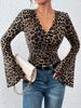 Euro-American Leopard Print Layered V-Neck Bell Sleeve Slim Fit Knitted T-Shirt for Women (2025 Collection)