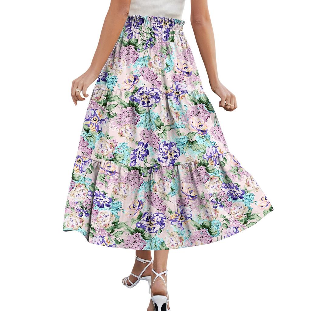 Dameskjørt Maxi Snøring Høyt liv Sommer Lange skjørt Lett Lagdelt Flytende Blomstret Plissert skjørt