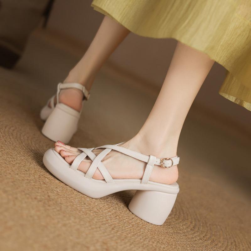 New women's one-word sandals summer women's platform high-heeled sandals casual solid color round head buckle large size shoes