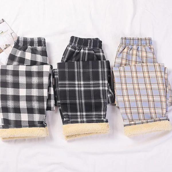 Women's Winter Casual Cashmere Plaid Slim Pants Female Plush Thickened Versatile Loose High Waist Wide Leg Pants