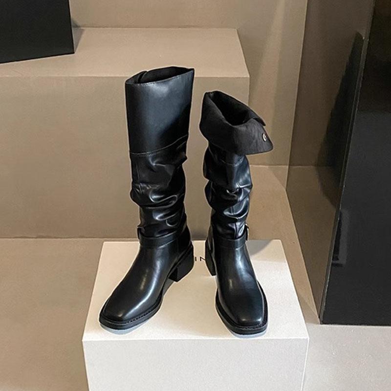 

Fashion Retro Long Knight Boots Women s Autumn Shoes Fashion Thick Middle Heel Fashion Folded Button Knee High Motorcycle Bota Femininos 35 чёрный