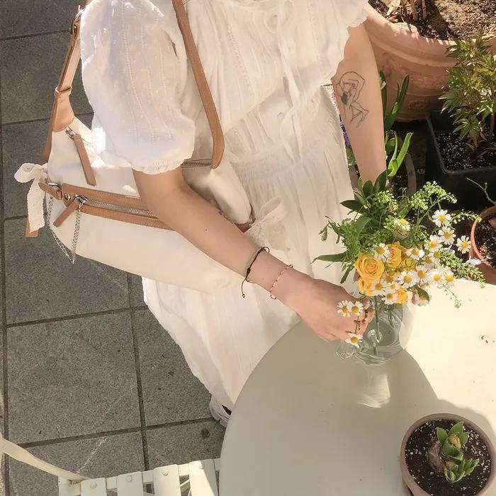 Belted ribbon bag_canvas caramel