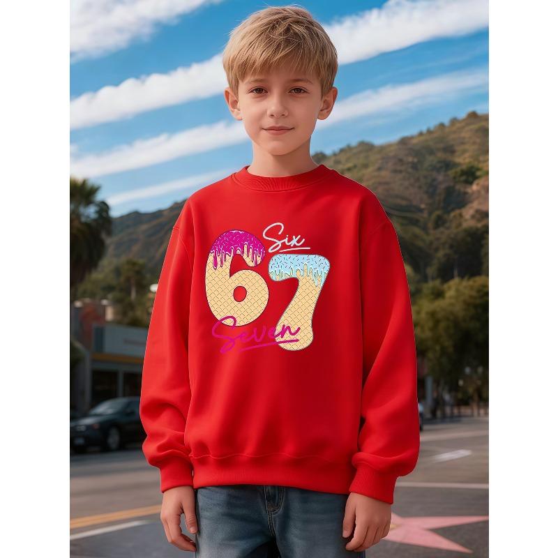 Children's clothing kids unisex Crew Neck Sweatshirt, Number Birthday Theme Sweatshirt, Fun Donut Number 67 Pattern, Unisex Holiday
