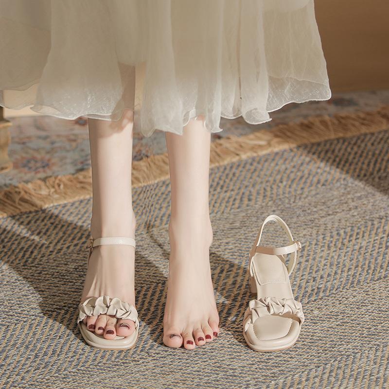 Fashion Soft Leather Pleated High Heels Sandals Women Solid Color Sandalias De Mujer Verano 2025 Ladies Elegant Summer Pumps Sandales